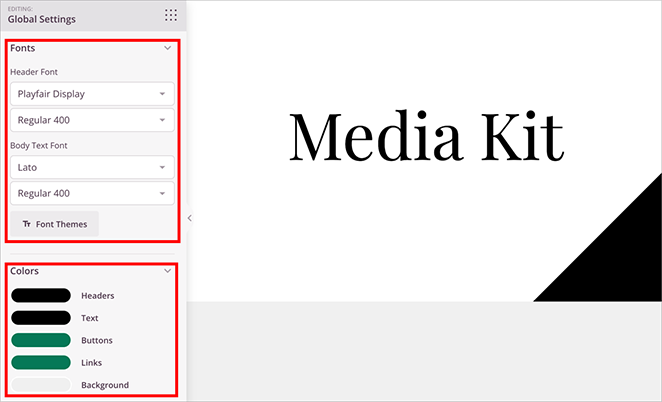 Customizing global font and color options