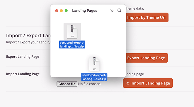 SeedProd screen showing how to import a landing page file