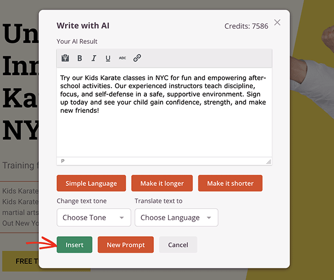 Insert shorter ai text content