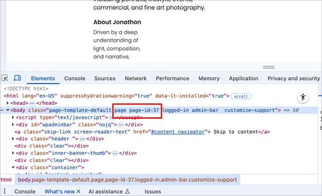 Finding the WordPress page ID in inspect element tool