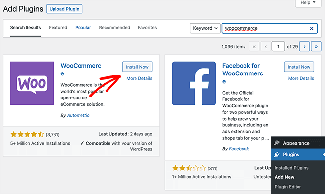 WordPress plugins screen showing how to install and activate the WooCommerce shopping cart plugin