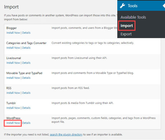 Installing the WordPress Importer plugin from the Tools » Import page