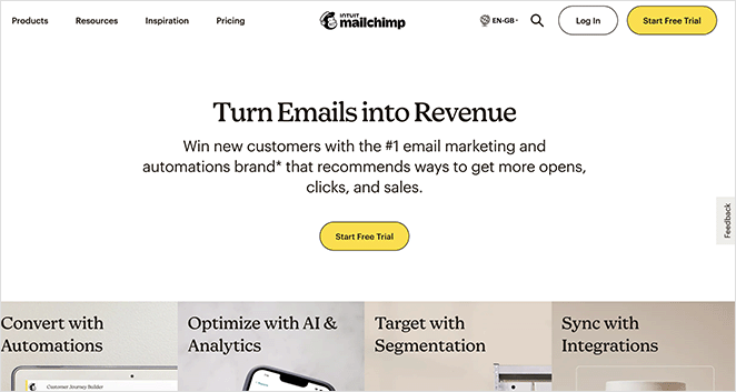 mailchimp-free-trial - SeedProd Mailchimp landing page highlighting a free trial offer with a clear call-to-action button and benefit-focused headline.