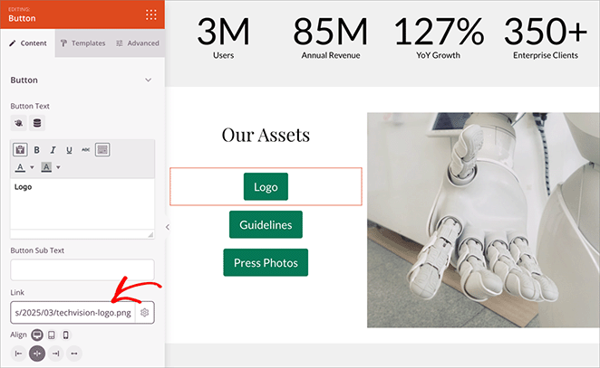 Adding a media file URL to a button on a media kit page