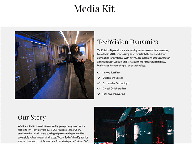 Final media kit page example in WordPress