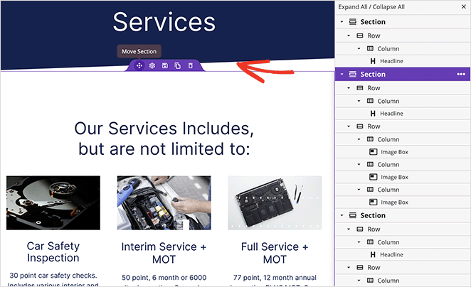 Repositionner une section de service dans WordPress en utilisant le glisser-déposer de SeedProd