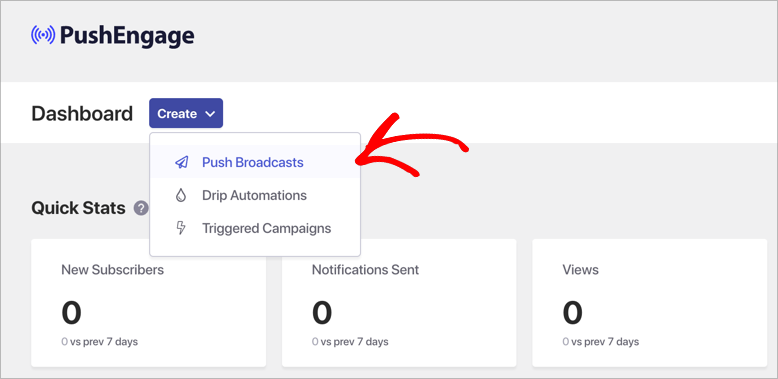 PushEngage dashboard with option to create a new broadcast