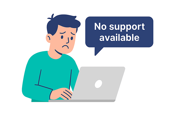 Illustration of frustrated user with laptop and a support bubble saying “No support available”