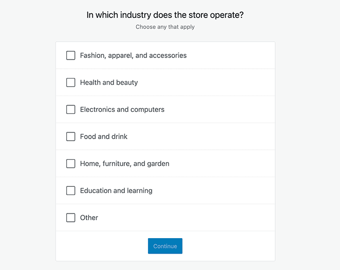 WooCommerce setup wizard screen to choose your online store industry in WordPress
