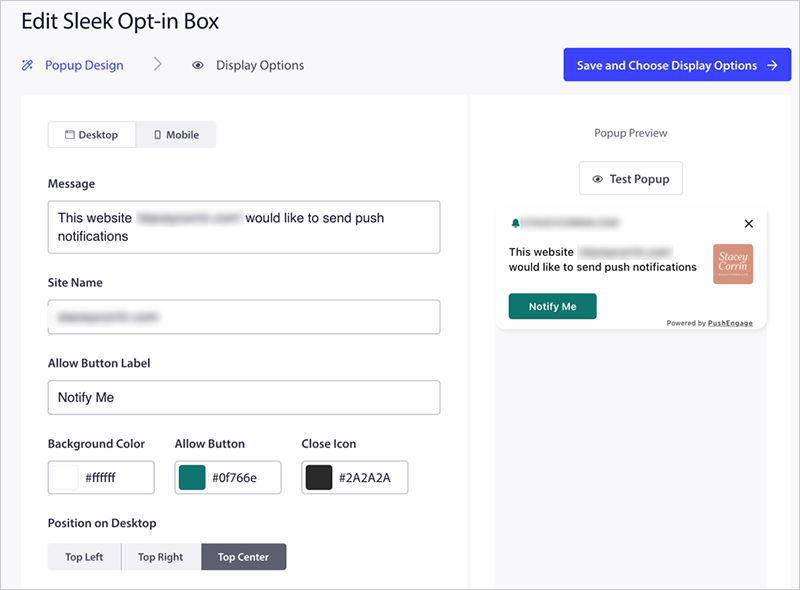 Editing opt-in box design in PushEngage