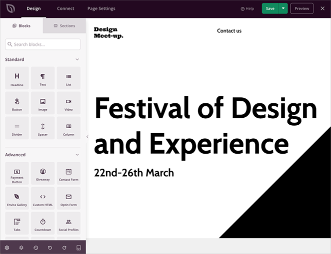 Navigating the landing page builder interface