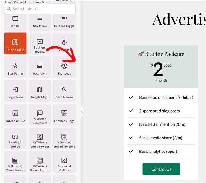 Adding the pricing table block to a media kit page