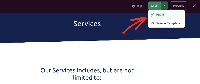 Cliquez sur publier pour lancer votre page de service WordPress
