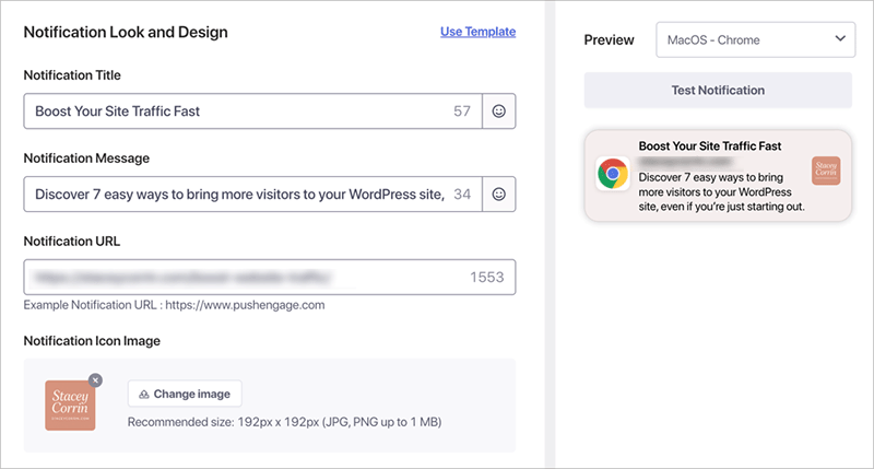 Push notification editor with live preview
