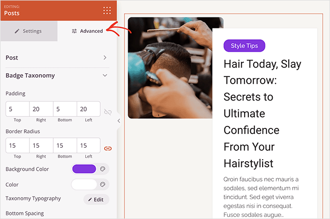 seedprod-advanced-posts-settings - SeedProd Advanced blog layout settings in the SeedProd posts block
