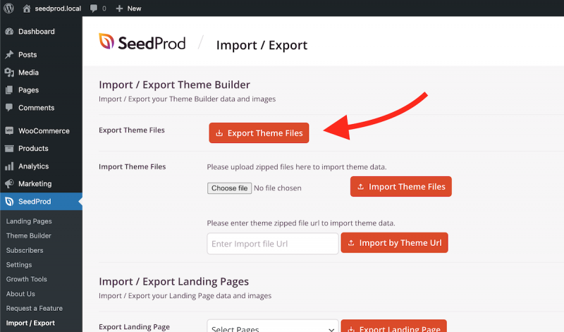 Export your custom theme as a .zip file from SeedProd’s Import/Export settings