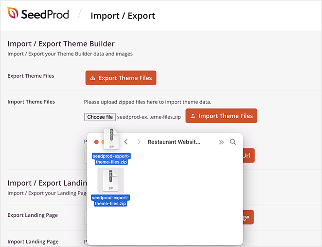 Upload a custom WordPress theme file to another site using SeedProd’s import tool