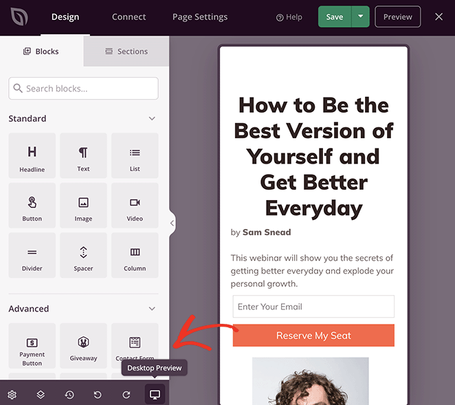 Previewing a landing page on mobile