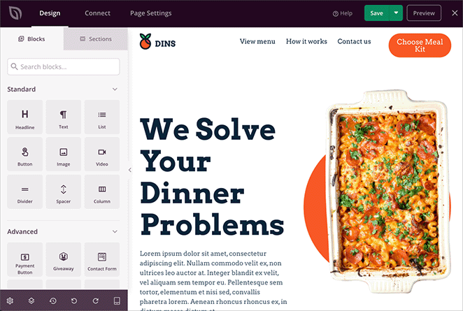 Full-page view of SeedProd’s page builder showing sections, blocks, and live preview panel