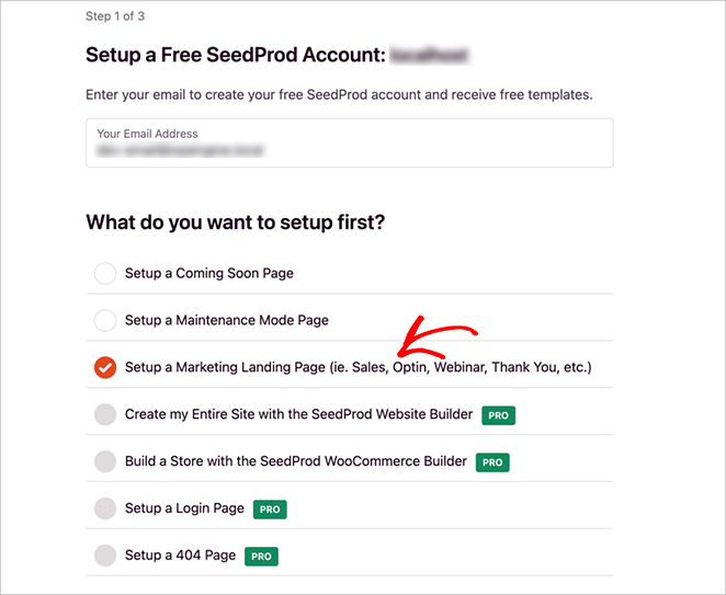 Choose landing page type in SeedProd’s setup wizard
