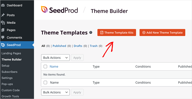 Clicking the Theme Template Kits button in SeedProd Theme Builder