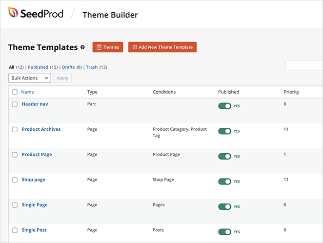 List of imported theme parts shown in the SeedProd Theme Builder