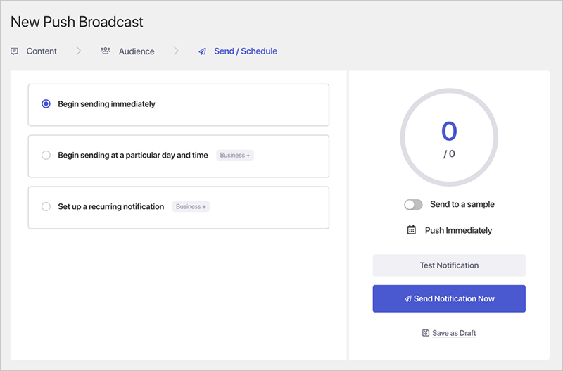 Send or schedule notification options in PushEngage