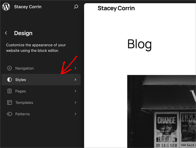 Opening full site editor styles