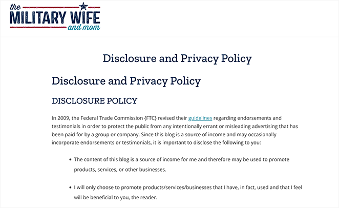 Example WordPress privacy policy page with simple legal language and clear structure