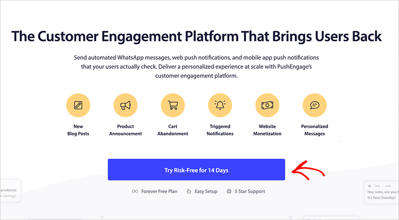 PushEngage signup page with 'Try Free' button
