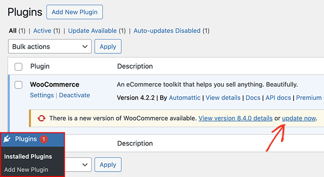 WordPress dashboard showing WooCommerce plugin update screen