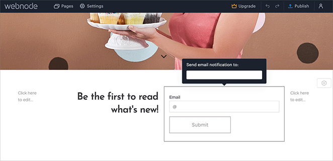 Webnode dashboard showing limited email notifications and no direct email marketing integration