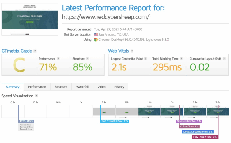 GTmetrix report showing Weebly site performance grade C with 2.6 second load time