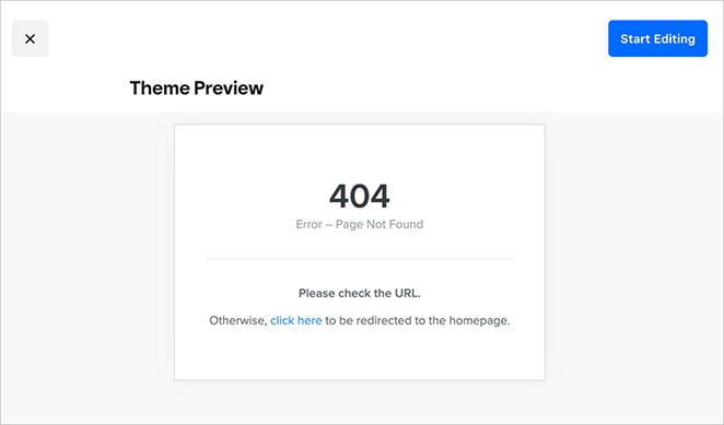 Screenshot of Weebly theme preview showing a 404 error when selecting a free template