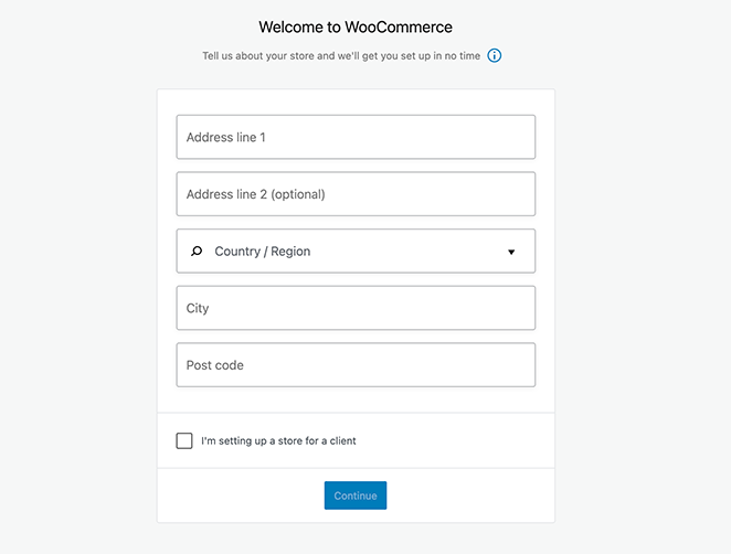WooCommerce setup wizard step asking for WordPress store details including address and contact information