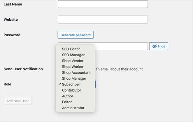Example of user roles in WordPress