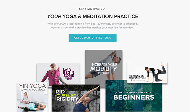 yoga-international-cta-example - SeedProd Promotional banner offering 30 days of free yoga, with a prominent call-to-action button on a calming background.